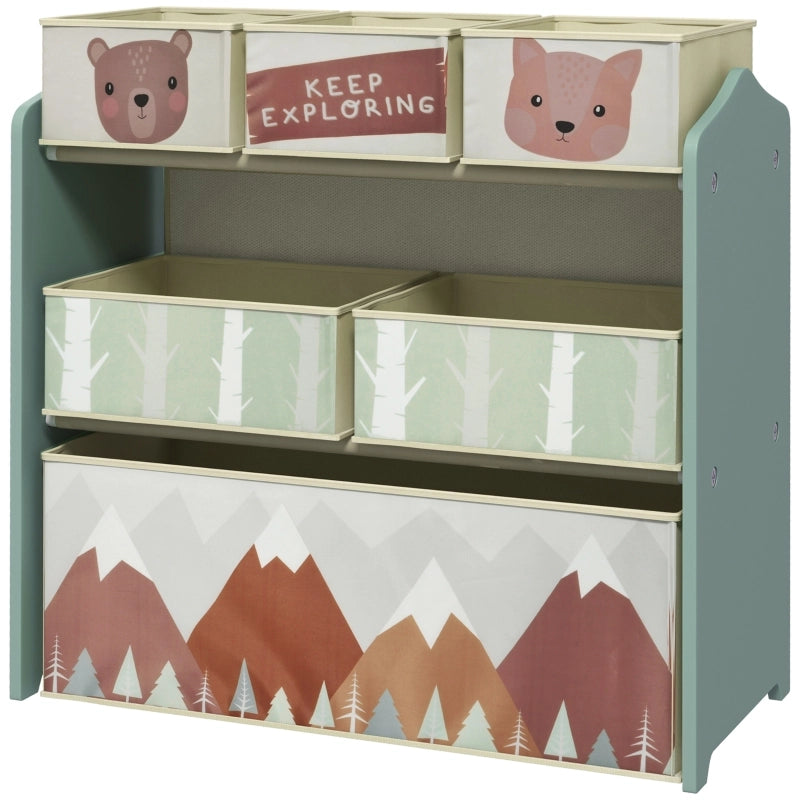 Armadio per bambini con 6 scatole in tessuto, motivo carino, 63x30x66 cm, verde