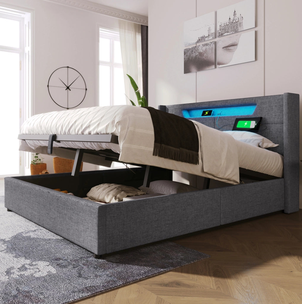 Letto matrimoniale contenitore 160x200 cm con LED; USB e Type-C in lino grigio HOMVRA