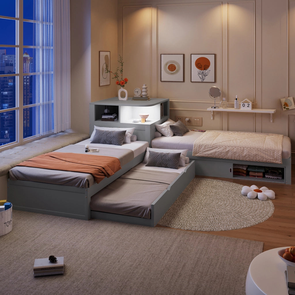 Letto a piattaforma a L 90x200 cm con letto estraibile e contenitore con porta scorrevole, luce notturna inclusa, Grigio