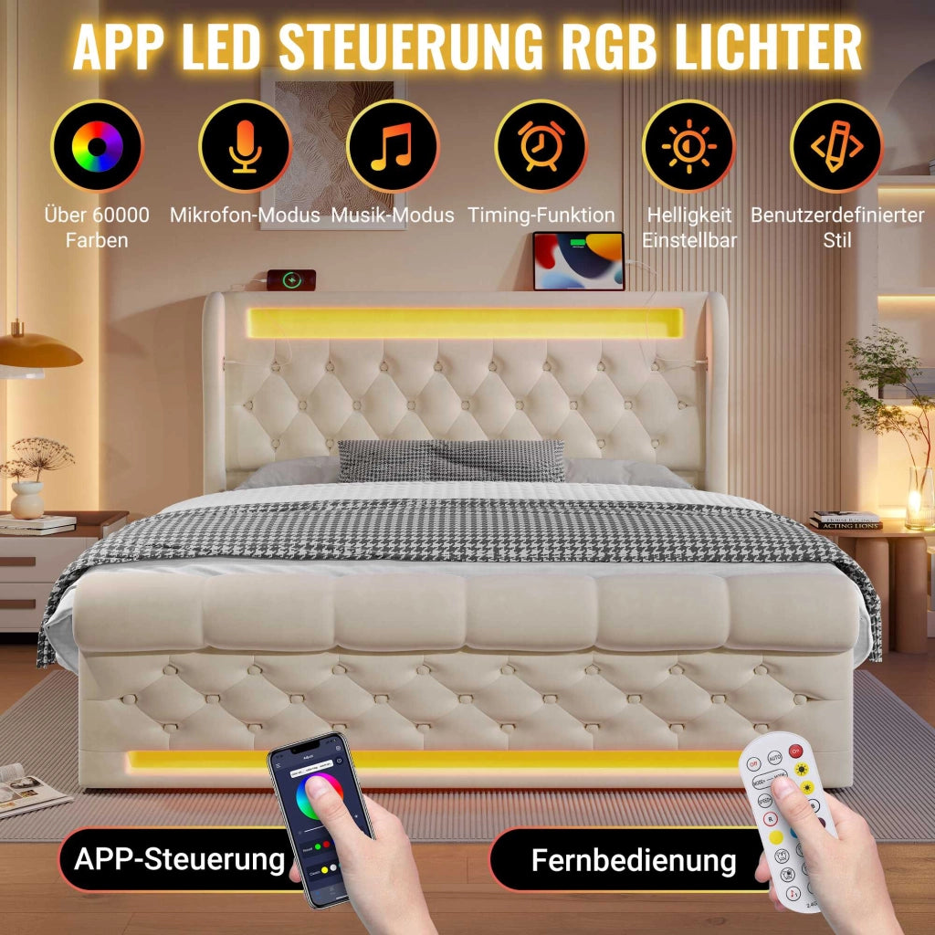 Letto contenitore beige 140x190 cm in velluto, LED su testiera e pediera, porte USB e USB-C, senza materasso