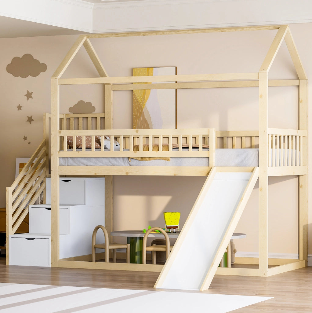 Letto a soppalco per bambini con scivolo e scala contenitore 90 x 200 cm; legno naturale