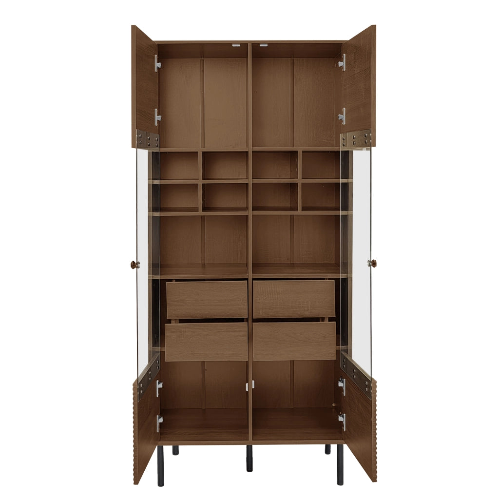 Mobiletto Multiuso Effetto Noce 75;5x35x164;5 cm Vetrina con Ante in Vetro e Cassetti