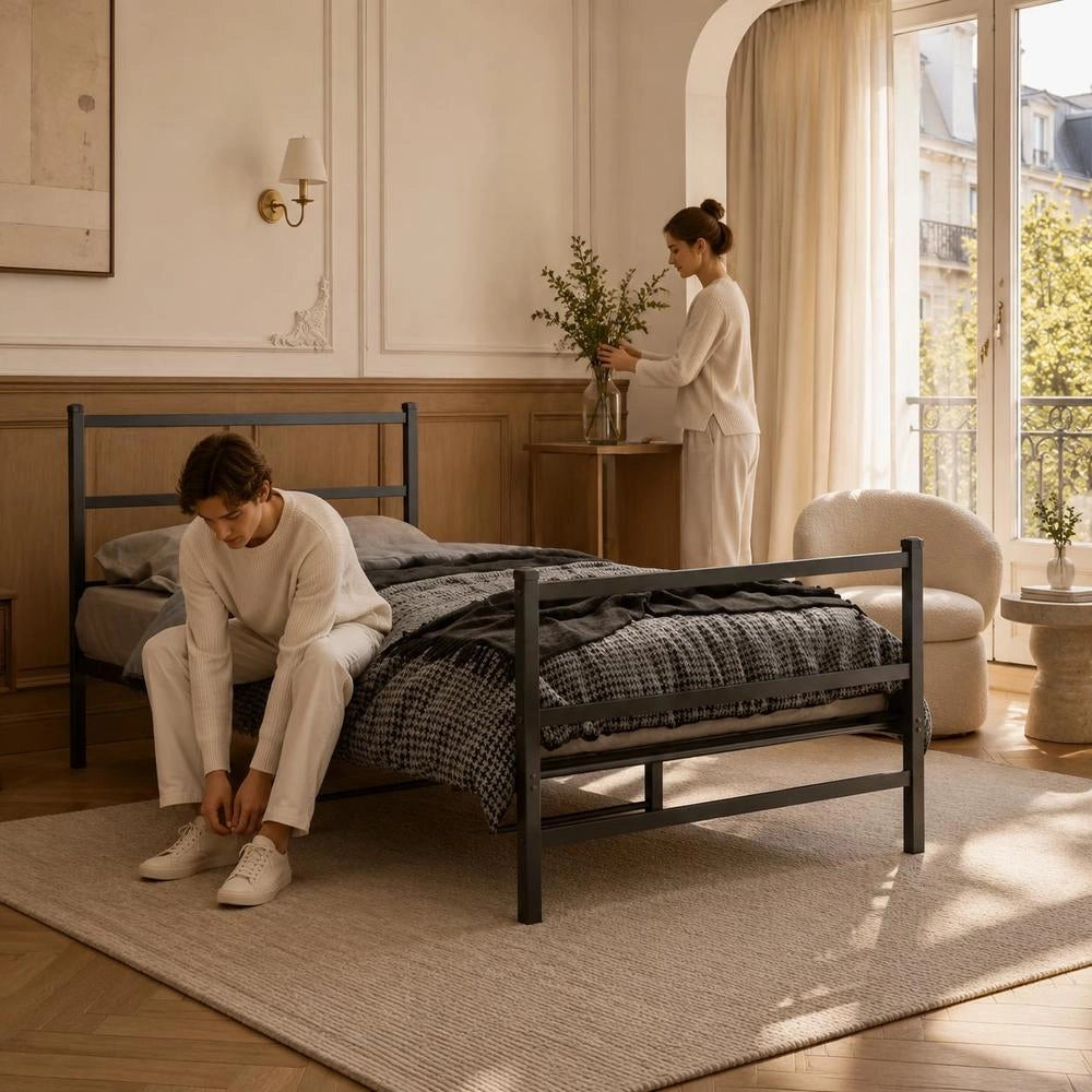 Bed Frame With Headboard And Footboard, Metal, Black, 90x200 Cm