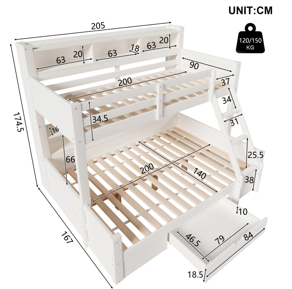 Letto a castello 90x200 e 140x200 cm con LED, cassetto e ripiani bianco