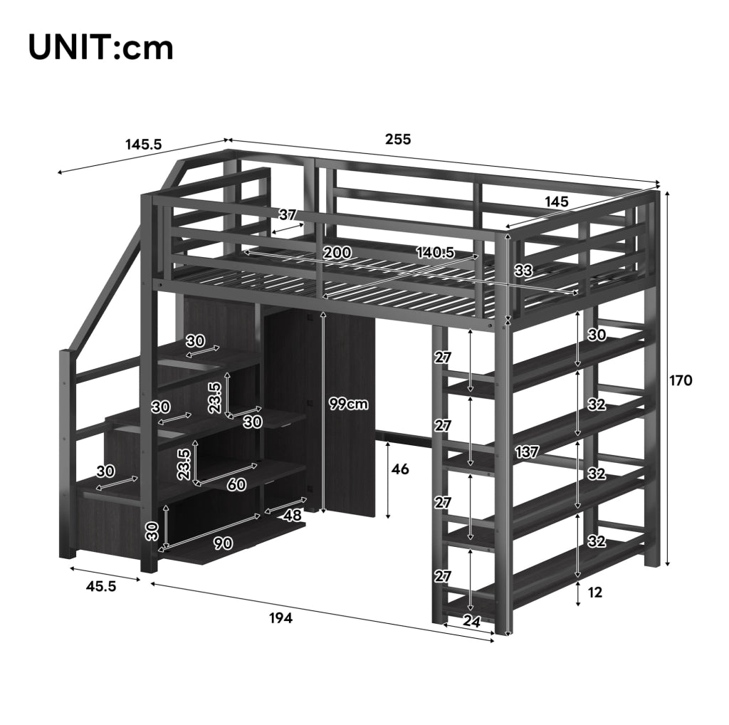 Letto a soppalco 140x200 con libreria, armadio, scala contenitore e LED