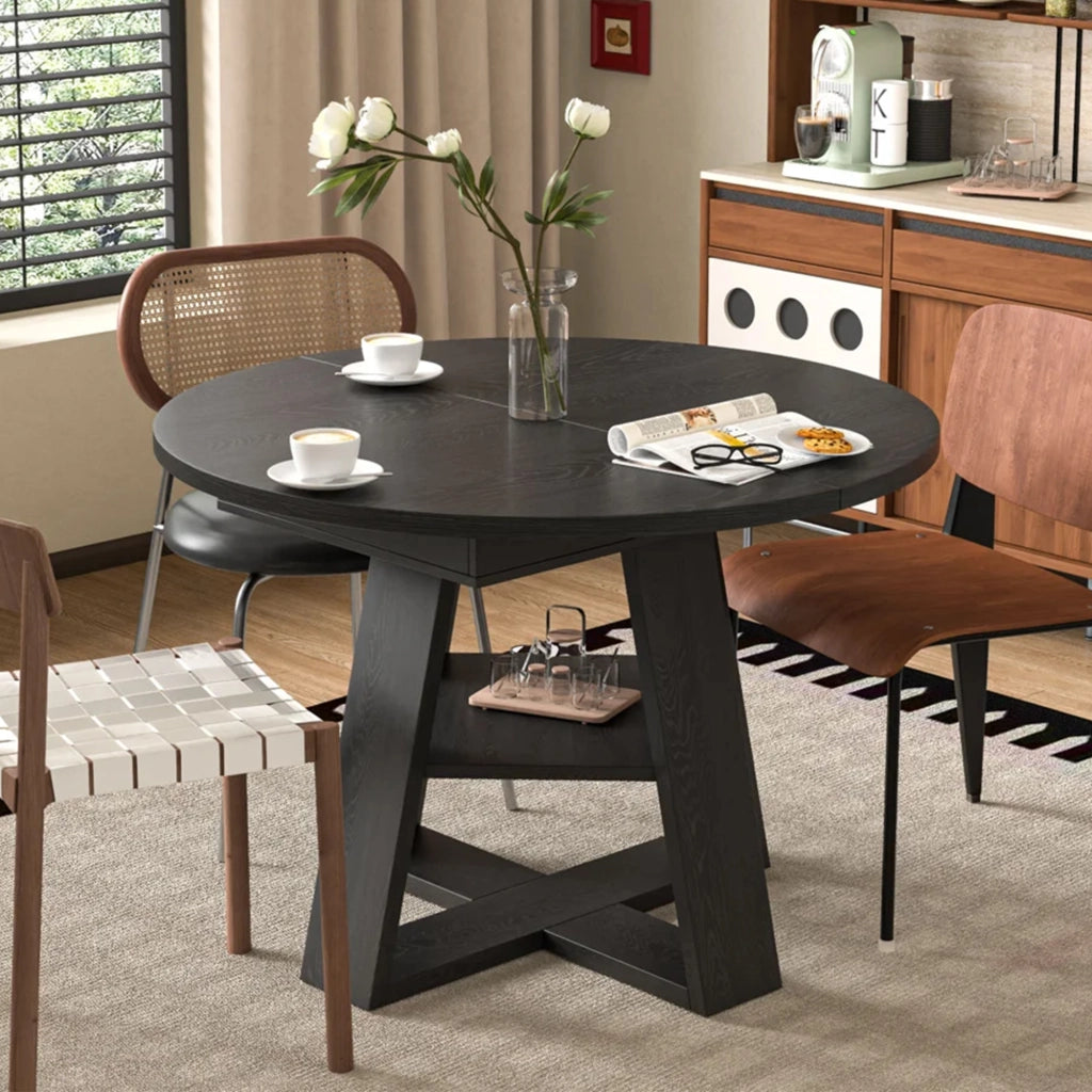 Tavolo da Pranzo Rotondo/Ovale Allungabile Ø110/150x110 cm con Ripiano LEMONMAX; 4-6 Posti; Allunga Integrata; Effetto Legno Nero