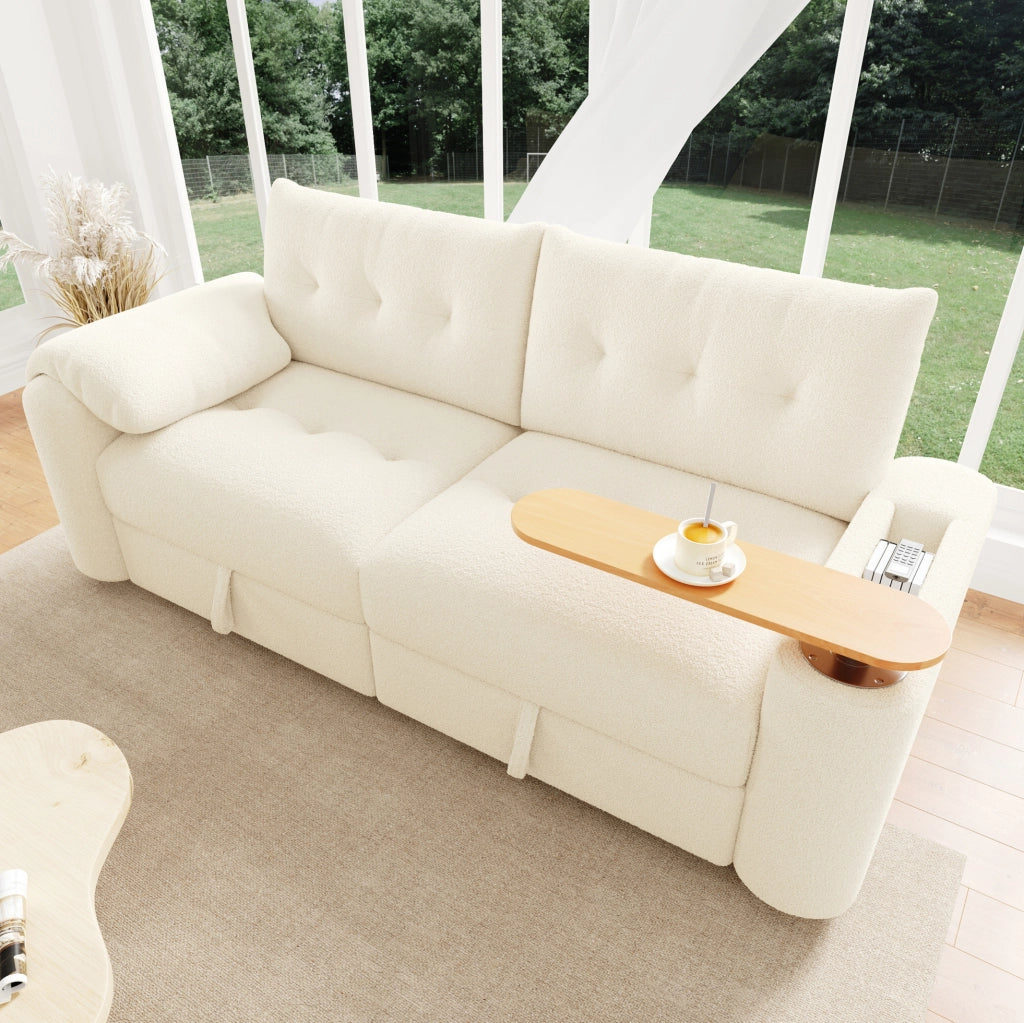 Divano modulare 2 posti in teddy beige con contenitore e tavolino