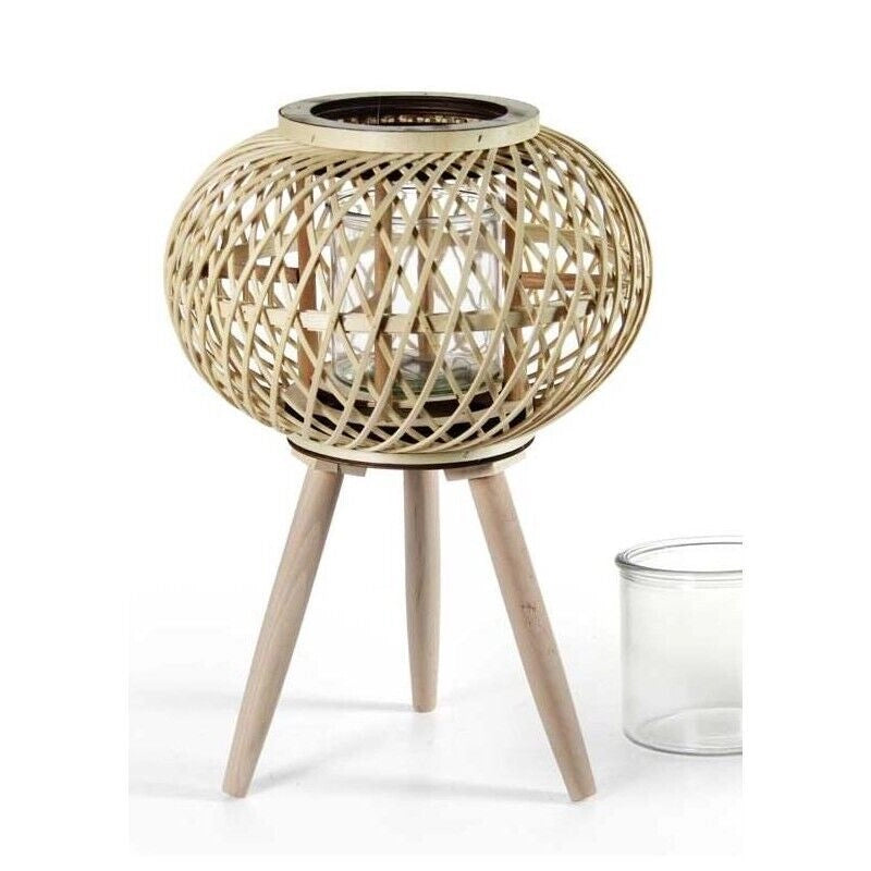 LANTERNA TONDA PORTACANDELA IN LEGNO VETRO E BAMBU 15X36 CM ORO CON PIEDINI