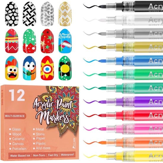 Nagelkunststiften a puntina, 12 colori, pennello per nail art, graffiti e design, per la bellezza e la decorazione dei piedi