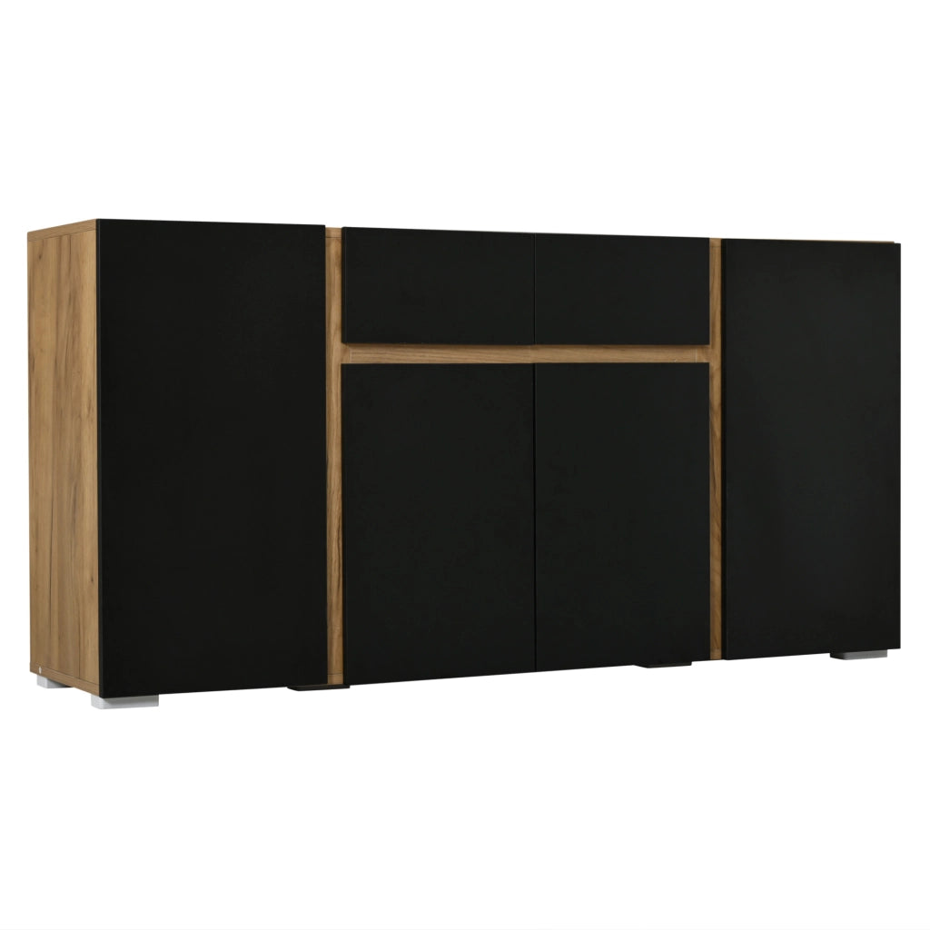Sideboard in MDF 140x35x70 cm con 4 porte e 2 cassetti, design moderno nero e legno naturale