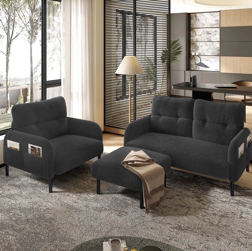Poltrona singola in tessuto di velluto a coste con ampie tasche laterali e struttura in metallo, 67x75x79 cm, colore verde scuro