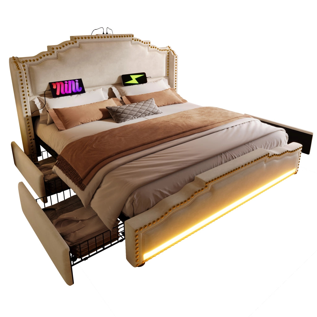 Letto matrimoniale 140×200 cm 2 posti con 4 cassetti; LED regolabile; USB e tipo C; senza materasso; velluto beige