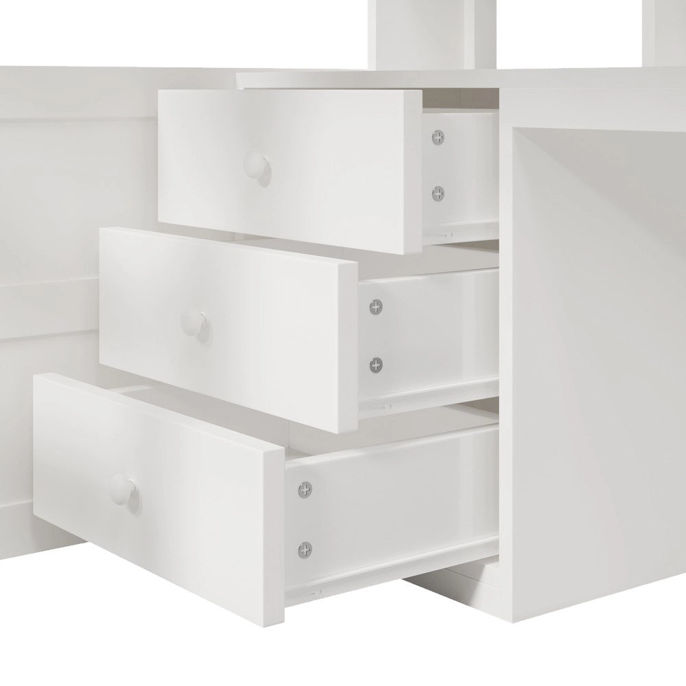 Letto a soppalco ¨C Minimal ¨C 140x200cm, bianco, con LED, armadio, scrivania, cassetti, senza materasso