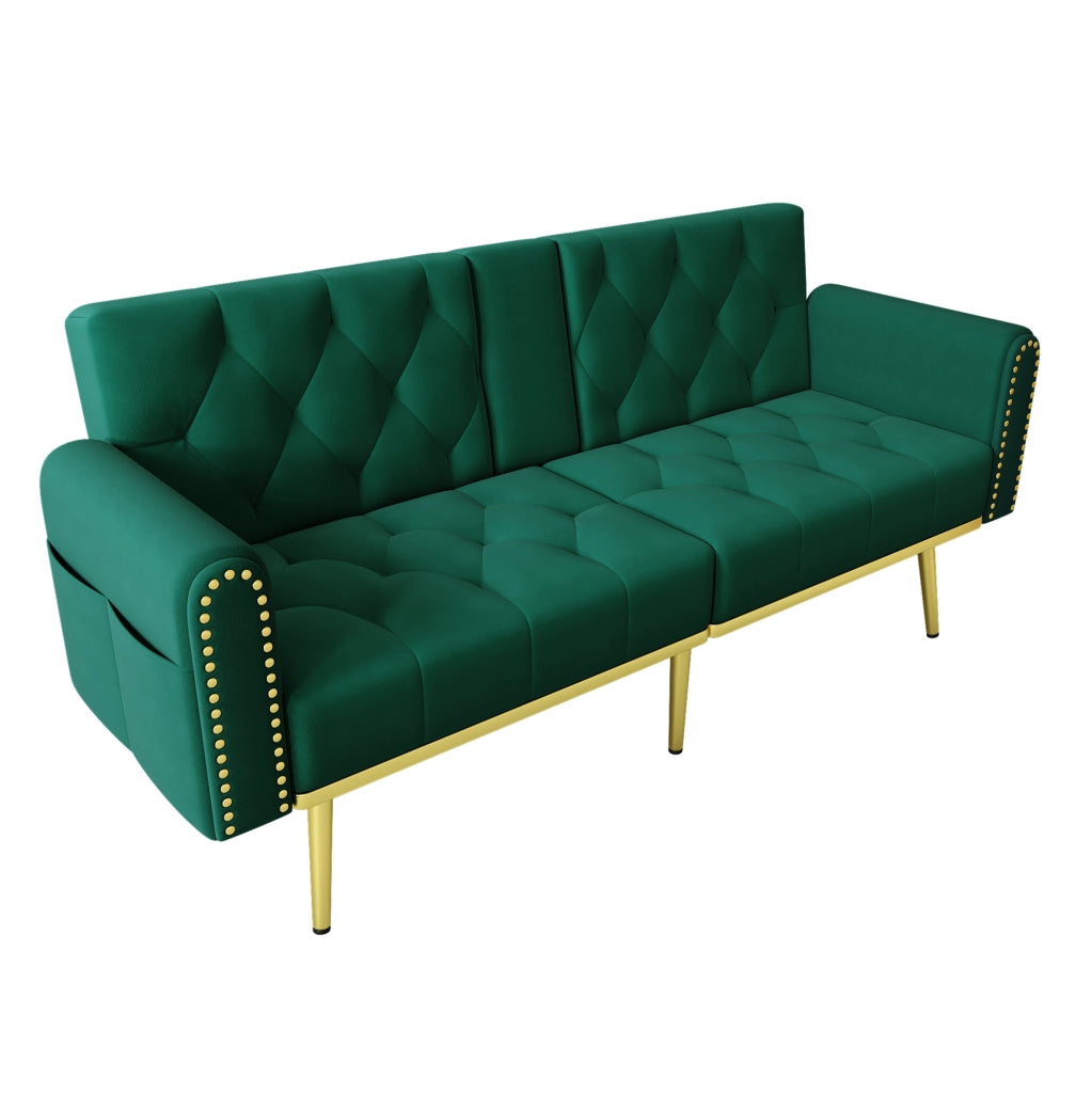 Divano letto 175x80x73,5 cm verde, schienale a 3 posizioni e portabicchieri, velluto