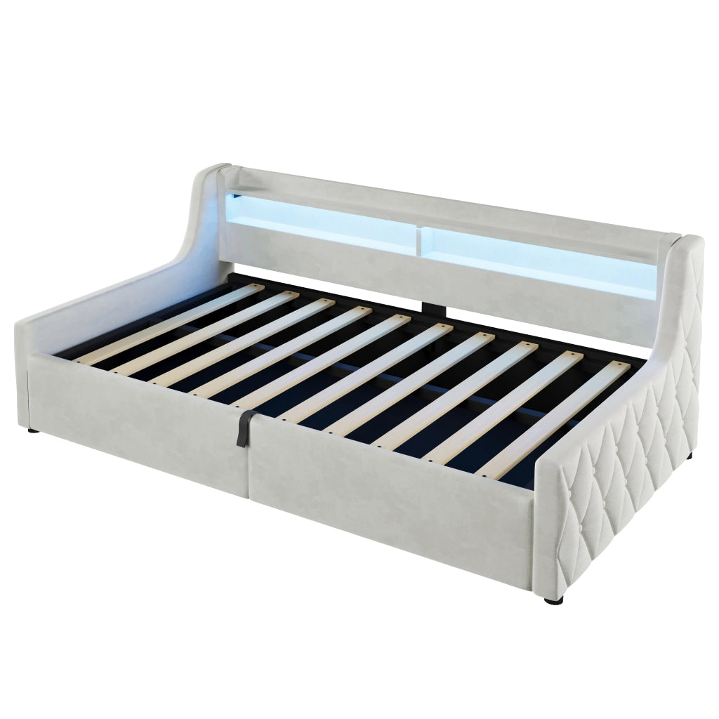 Letto singolo imbottito 90 × 200 cm con vano contenitore LED in velluto bianco sporco senza materasso