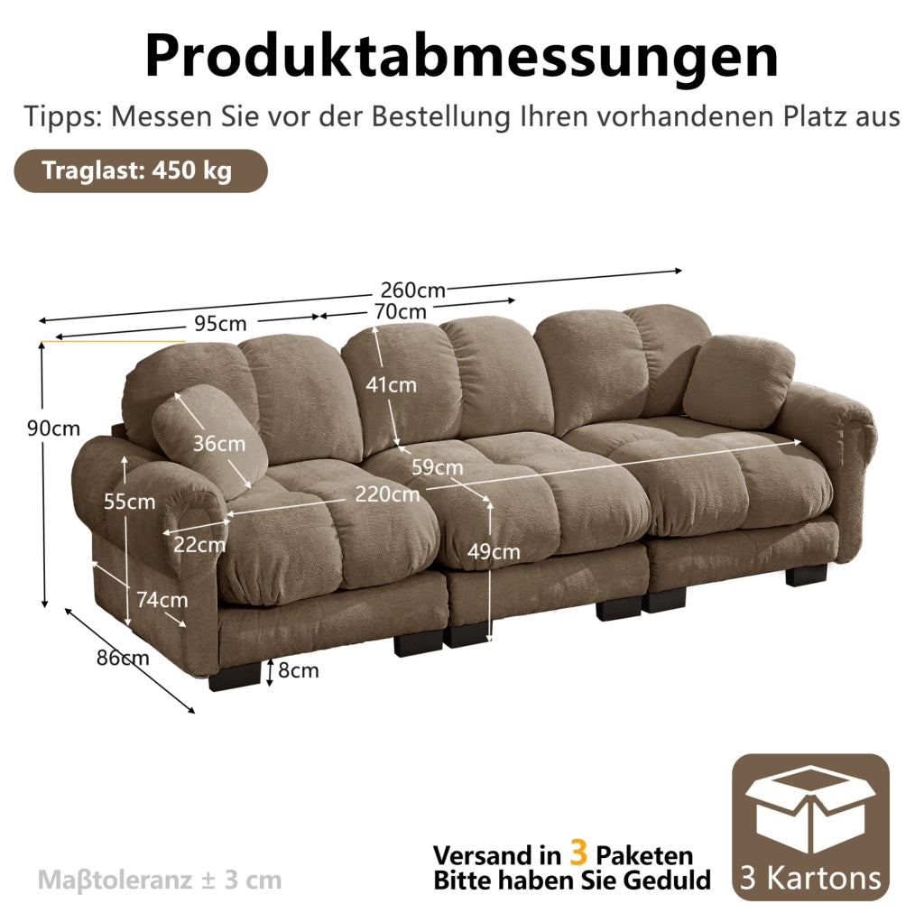 Divano 3 posti in chenille marrone con 2 cuscini decorativi e design trapuntato, cuscini seduta spessi e schienale ergonomico