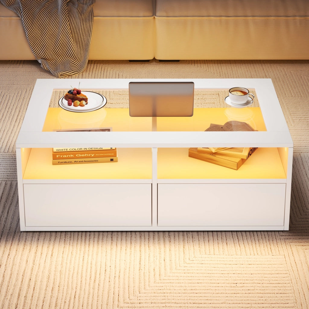 Tavolino da salotto con LED e vetro temperato 100x50x35 cm componibile bianco