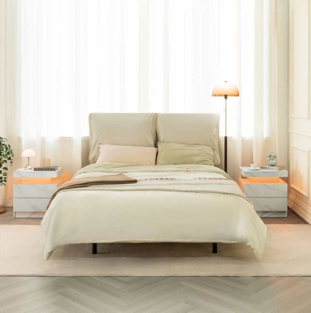 Comodino moderno con LED multicolore; 2 cassetti e vano a giorno in legno ingegnerizzato bianco opaco