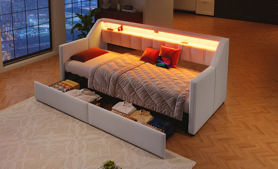 Letto daybed multifunzionale 90 x 200 cm con USB, Type-C, LED e 2 cassetti beige