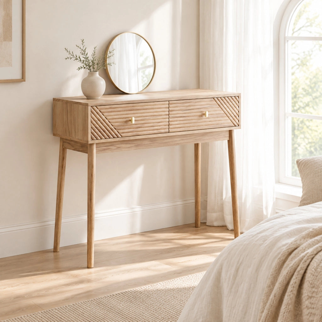 Tavolo consolle stile Mid-Century in colore rovere con due cassetti e ripiani aperti