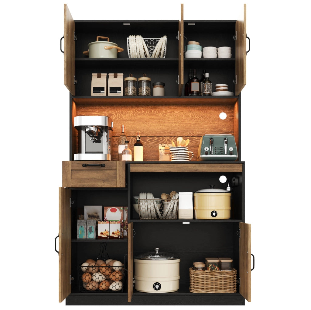 Credenza da cucina 110x40x180 cm in MDF naturale e nero con LED e prese