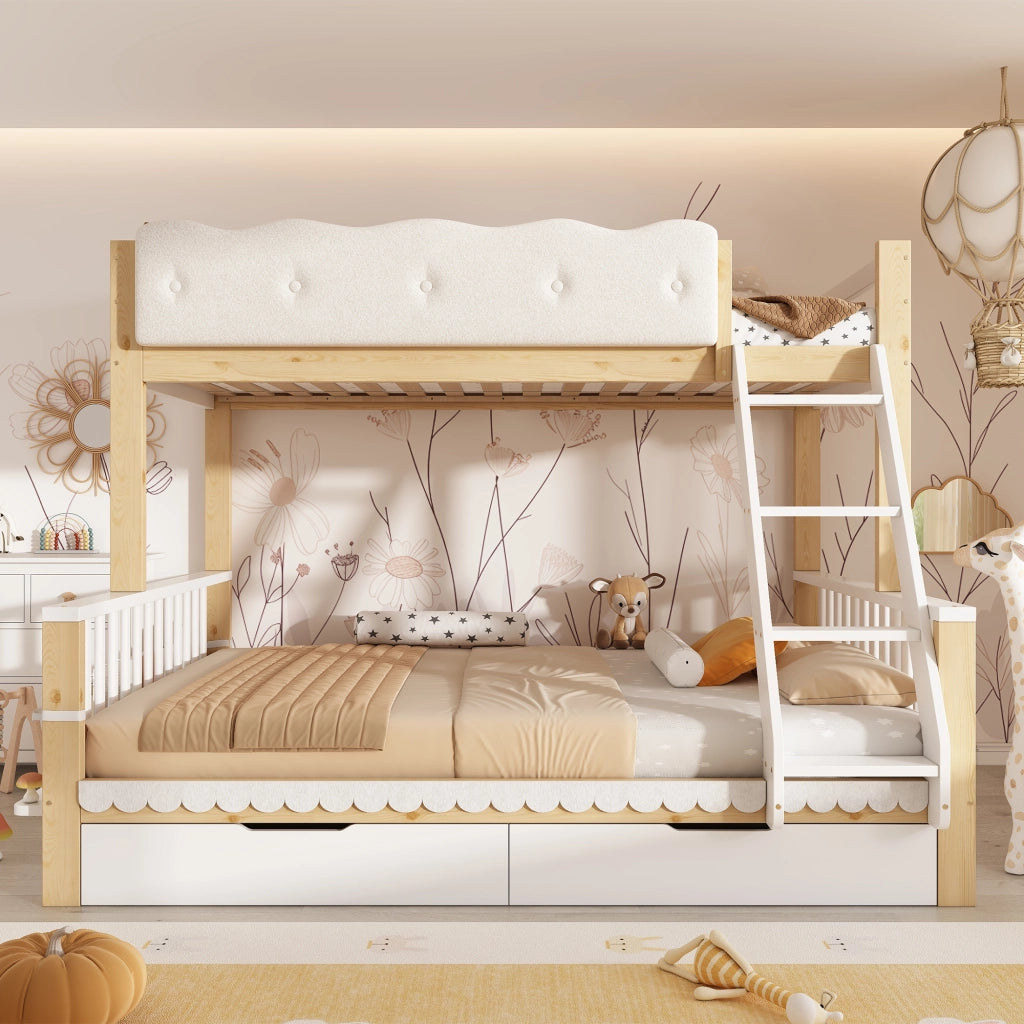 Letto a Castello 90 x 200 cm e 140 x 200 cm; 3 Posti con 2 Cassetti e Portariviste