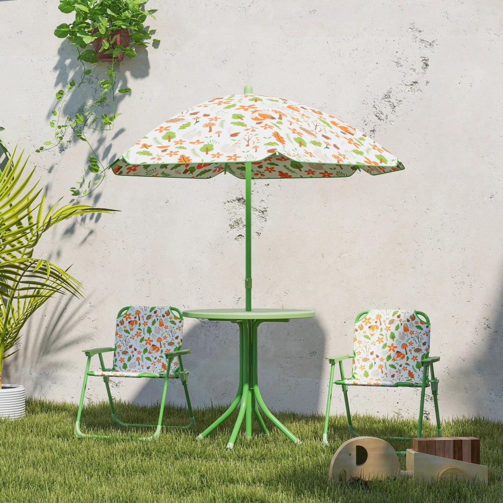 Set da Giardino per Bambini 2-5 Anni con Tavolino Rotondo, 2 Sedie Pieghevoli e un Ombrellone, Verde