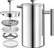 Stagno in acciaio inossidabile per caffè a francese 34 oz (1.0 L) con sistema di filtro a 3 livelli - Cafetière a doppia parete con isolamento termico e 1 filtro extra (argento)