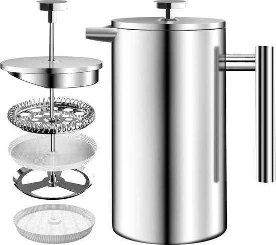 Stagno in acciaio inossidabile per caffè a francese 34 oz (1.0 L) con sistema di filtro a 3 livelli - Cafetière a doppia parete con isolamento termico e 1 filtro extra (argento)