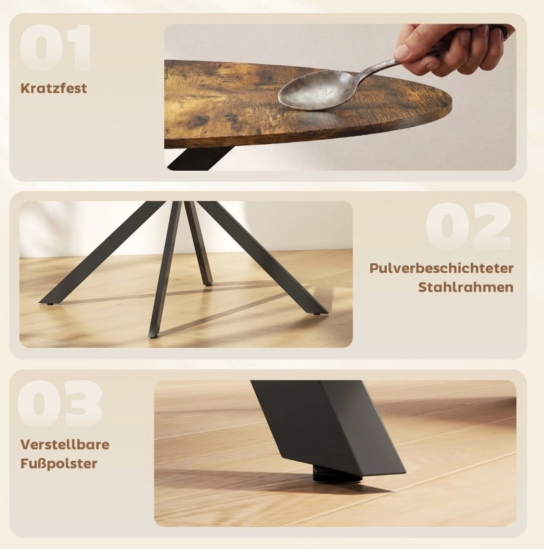 Tavolo da pranzo rotondo ?120 cm per 4 persone con piano in legno e gambe in acciaio marrone rustico