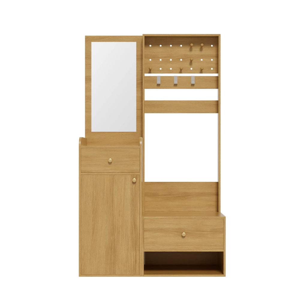 Mobile da ingresso con specchio, 2 cassetti, armadio e ripiani aperti, ganci removibili, color legno, 105 × 38 × 180 cm
