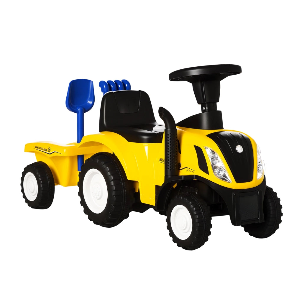 Trattore Giocattolo per Bambini Cavalcabile con Rimorchio, Rastrello e Pala, Gioco Educativo per Bimbi 12-36 Mesi, 91x29x44cm, Giallo