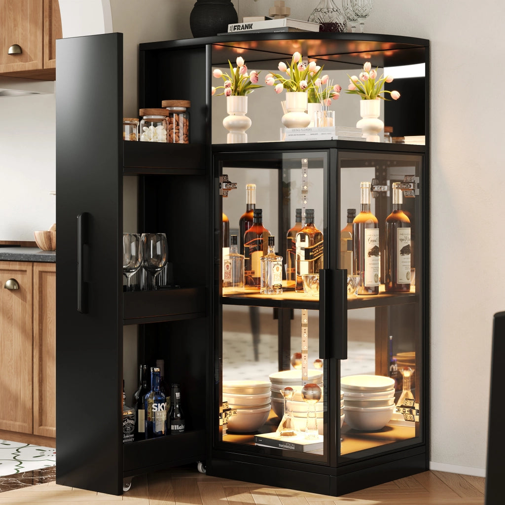 Vetrina 64x42x112 cm con mobile laterale estraibile e LED in vetro e truciolare nero