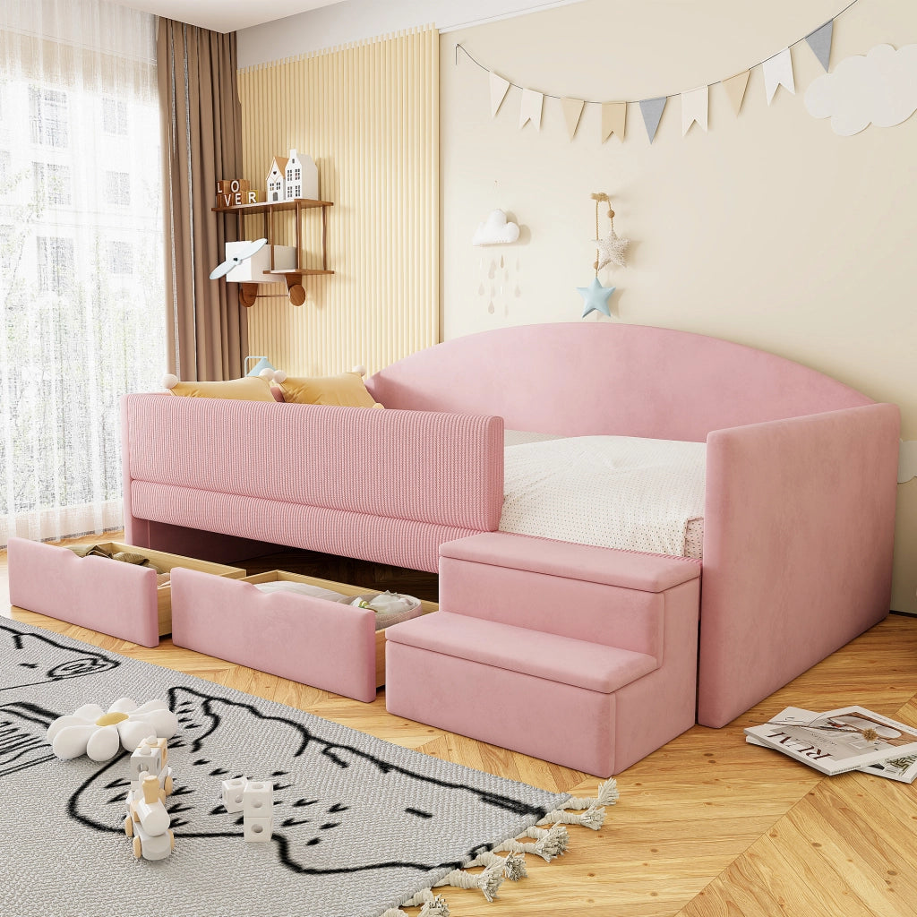 Divano letto imbottito in velluto grigio, letto singolo 90x190 con cassetti e sponde