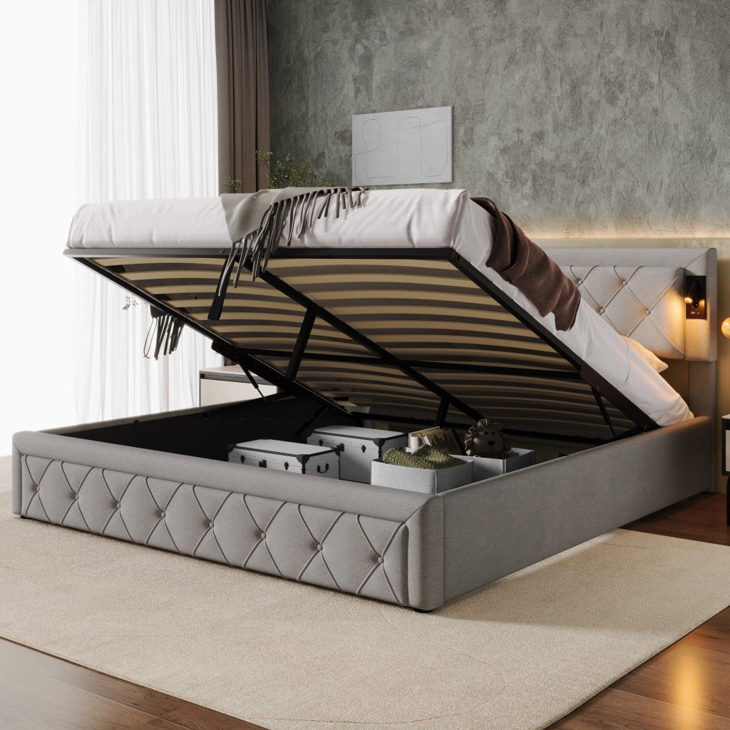 Letto contenitore idraulico imbottito in lino grigio con testiera trapuntata LED e porte USB