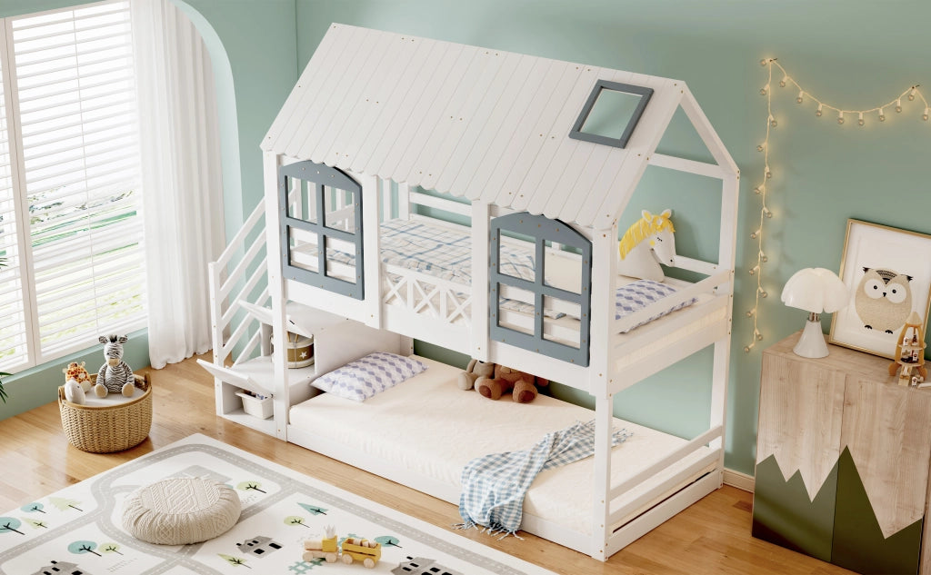 Letto a castello per bambini 90x200 cm in pino e MDF; a casetta con tetto; finestre e scala contenitore; bianco e grigio