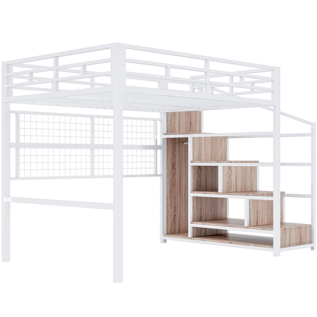 Letto a soppalco 140x200 cm con struttura in ferro, guardaroba, scala con vano contenitore e griglia appendi-oggetti, illuminazione LED a 7 colori, senza materasso, bianco