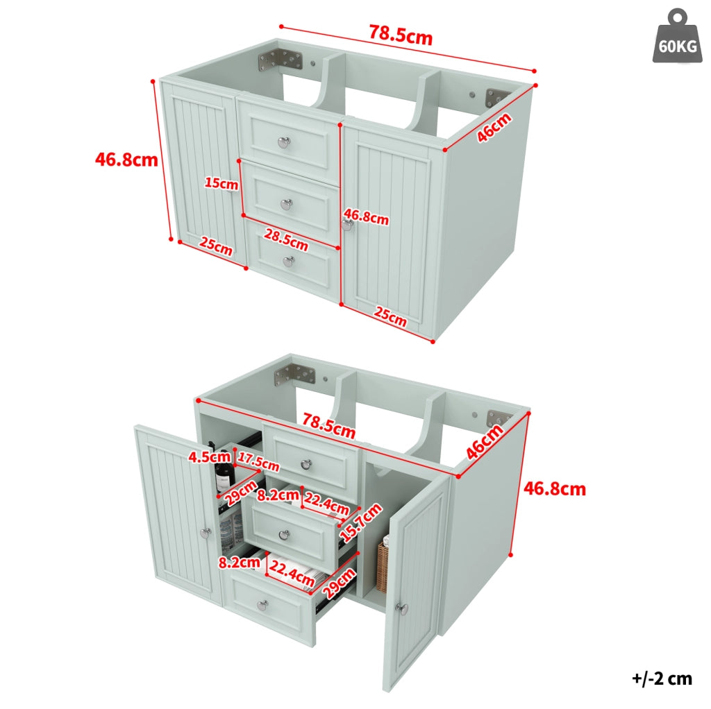 Mobile da bagno sospeso verde con 3 cassetti, 78,5x46x46,8 cm, struttura in MDF e maniglie in metallo