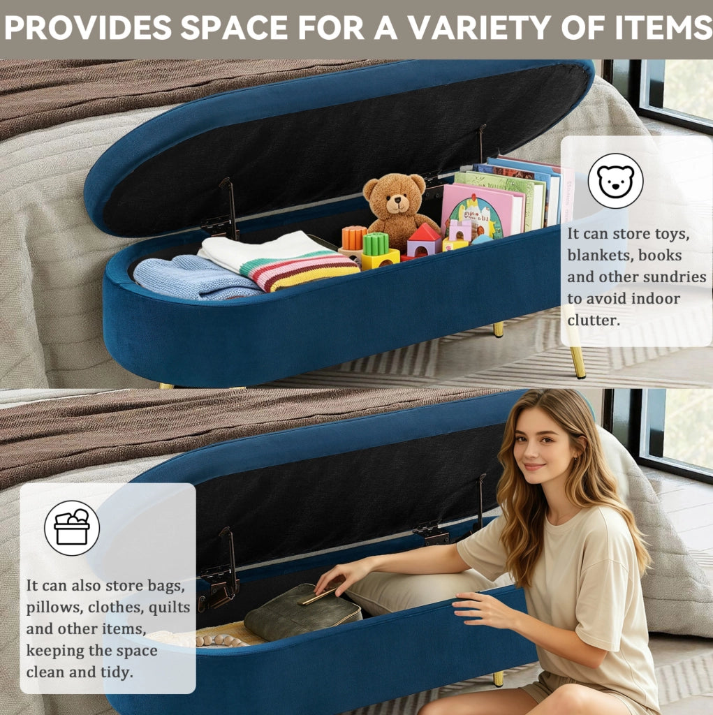 Panca contenitore multifunzione in velluto con struttura in legno massello e gambe in metallo, 110x40x42 cm, capacità 20 L, colore blu