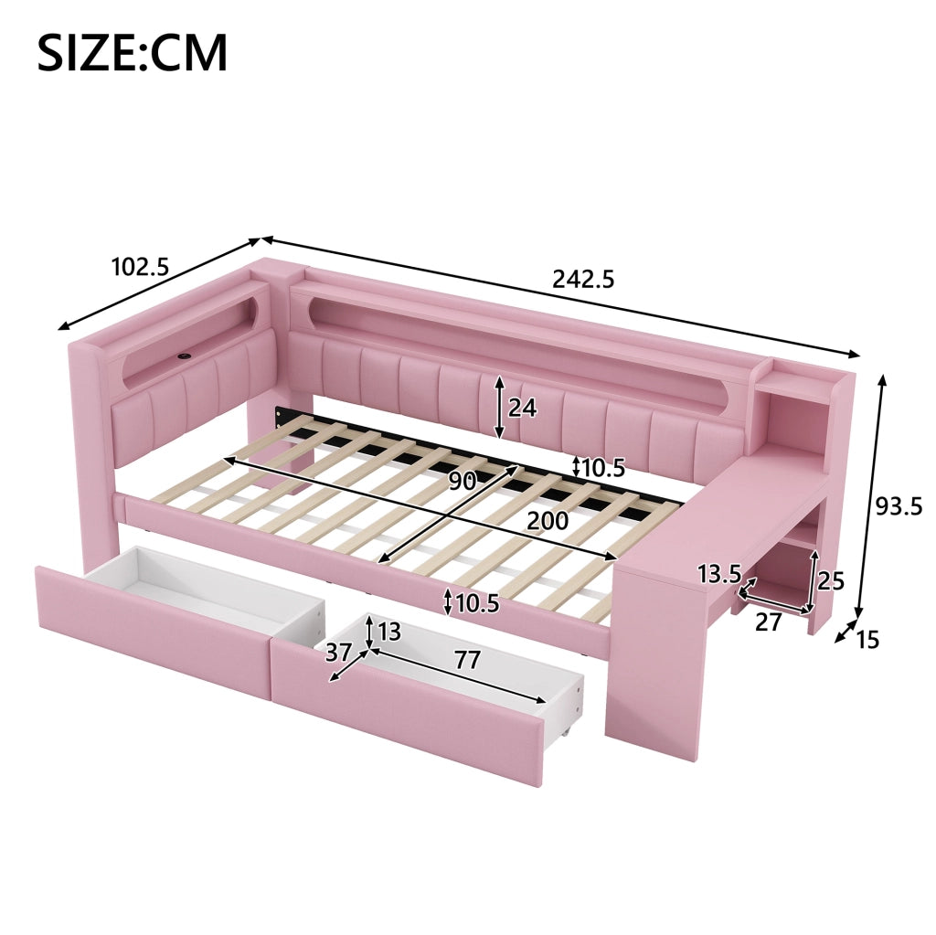 Daybed imbottito 90x200 con USB; LED; scrivania e 2 cassetti; rosa