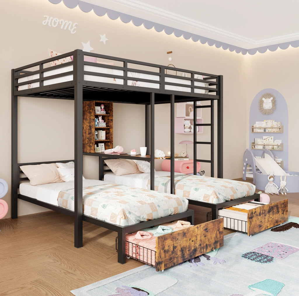 Letto a castello triplo 140x200 e 90x200 cm con cassetti e ripiani in MDF e metallo nero
