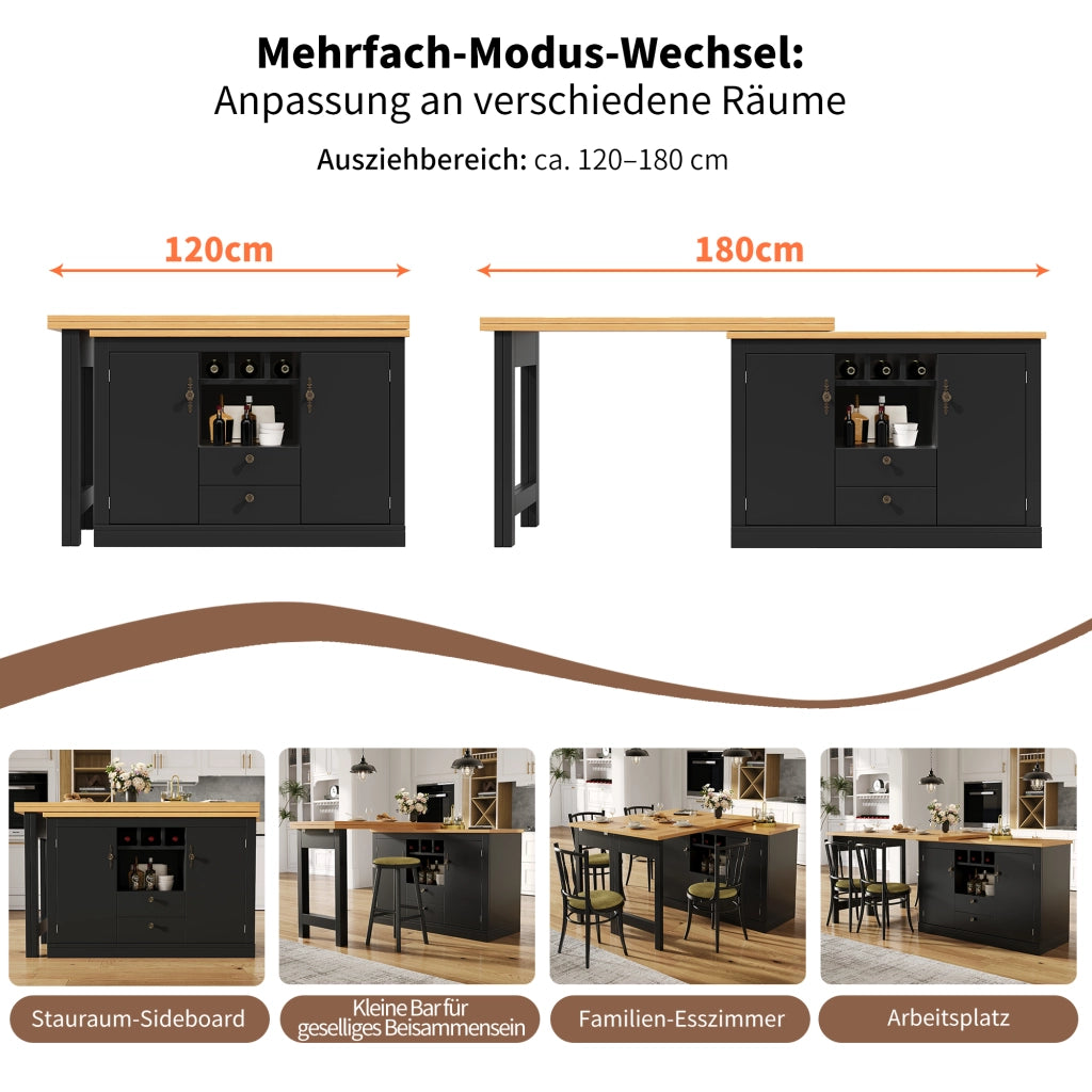 TAVOLO BAR ESTENSIBILE 120-180 CM MDF NERO CON RIPIANI E PORTABOTTIGLIE