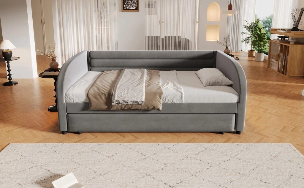 Letto Contenitore Imbottito 90x200 cm con Letto Estraibile; LED; Grigio