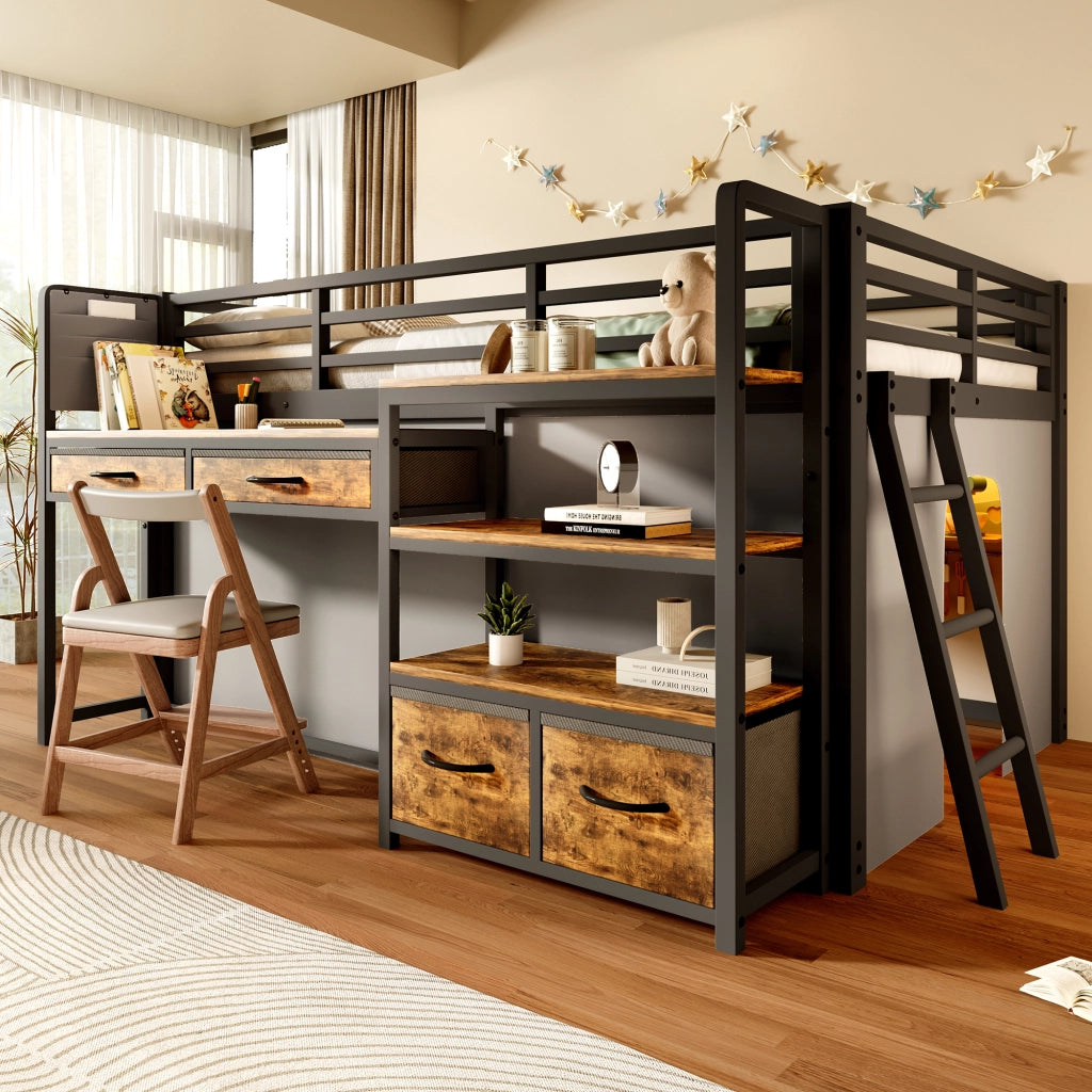 Letto a soppalco 140x200 con scrivania; scaffali; cassetti in tessuto e LED; struttura in metallo nero per cameretta