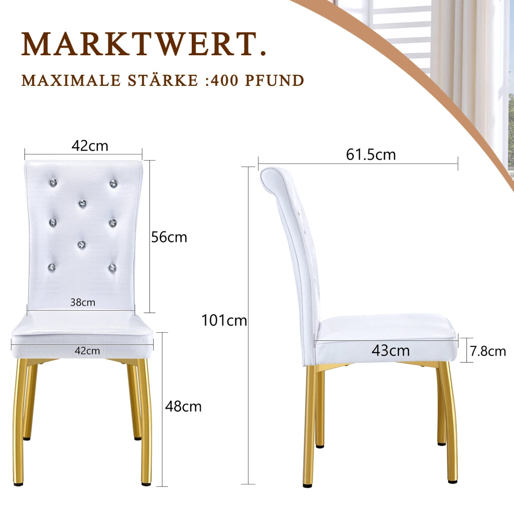 Sedia da pranzo set di 2 con dettagli in cristallo seduta imbottita e gambe metalliche dorate in PVC bianco oro