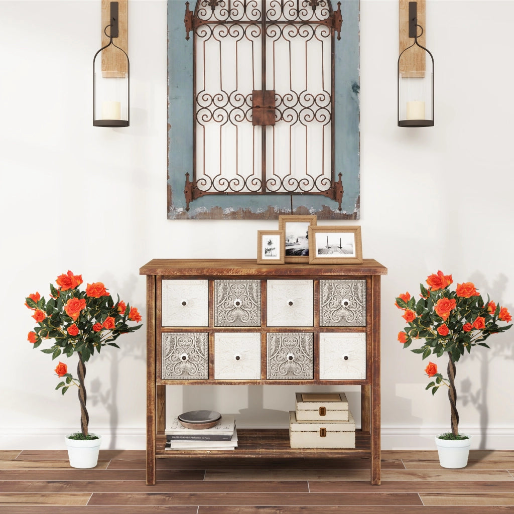 Pianta Finta di Rosa da 21 Fiori con Vaso Riempito in Cemento e Muschio, ?18x90 cm, Arancione
