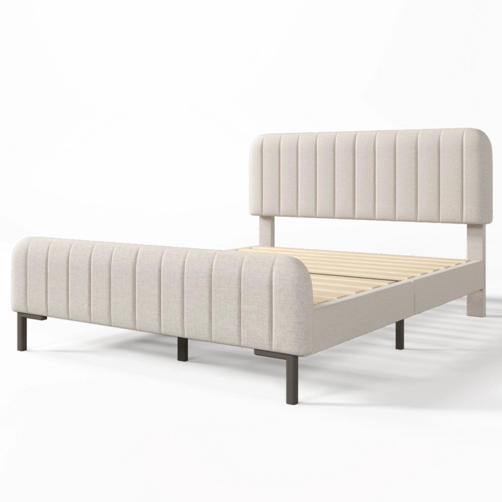 Letto imbottito 140 x 190 cm; letto matrimoniale con rete a doghe; testiera regolabile; telaio minimaliste; rivestimento in lino; grigio-beige chiaro