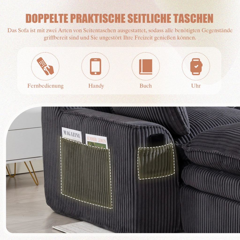 Divano modulare 3 posti in velluto a coste con pouf, cuscini e doppie tasche laterali, schiuma a 3 strati con molle per rapido ritorno elastico, colore grigio scuro, 263x167x85 cm