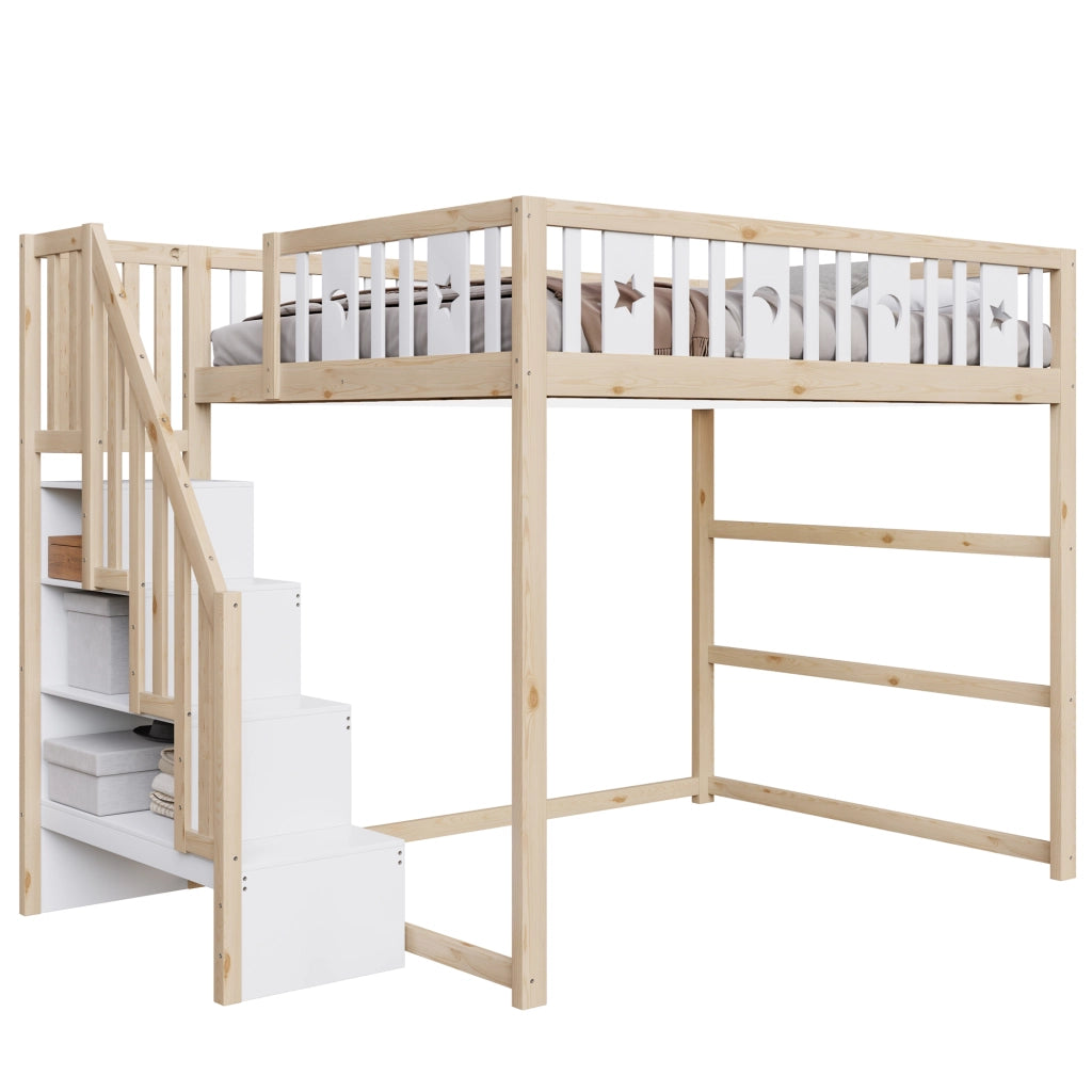 Letto a soppalco 140 × 200 cm con scala ampia ripiani integrati e area divano in legno bianco naturale