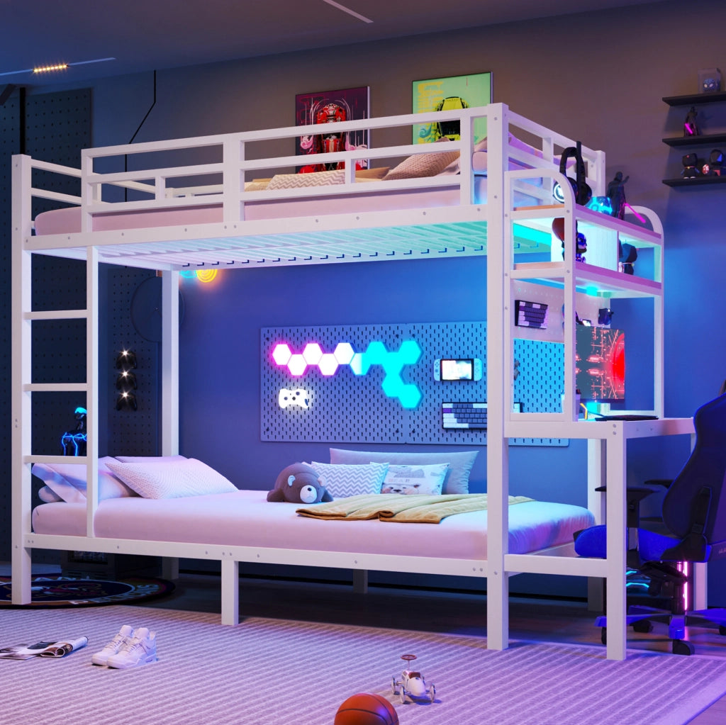 Letto a castello 90x200 cm con scrivania, LED e USB in metallo e MDF bianco